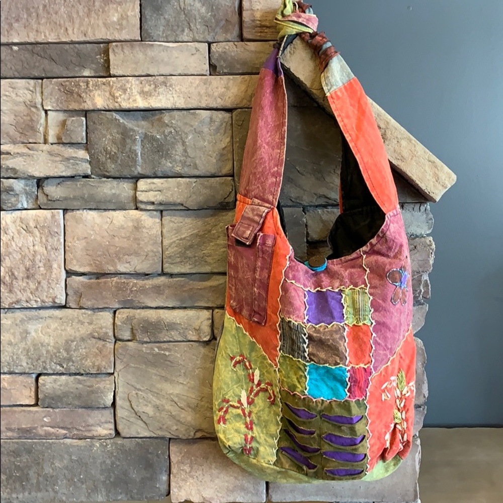 Nepal Hippie Satchel | Large Vibrant Stitched Patch Purse | Bucket Bag Colorful - Picture 8 of 8